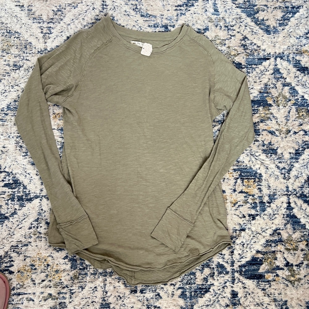 We The Free Free People Arden Green Slub Cotton Long Sleeve Top Tunic